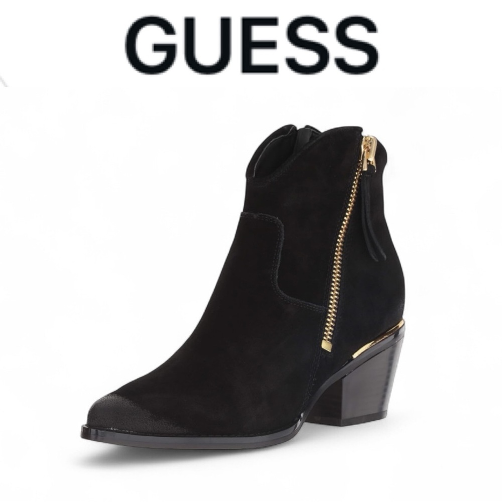 GUESS BLACK SUEDE NALONEY ZIPPER ACCENT WESTERN HEELED ANKLE BOOTS